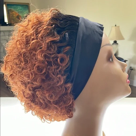 💯% HUMAN Hair Wig, Headband Pixie Cut Curly, Glueless Ombre Black to Copper